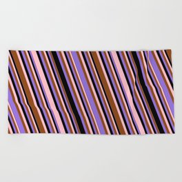 [ Thumbnail: Pink, Brown, Purple & Black Colored Lined Pattern Beach Towel ]