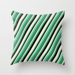 [ Thumbnail: Beige, Aquamarine, Sea Green, and Black Colored Lined/Striped Pattern Throw Pillow ]