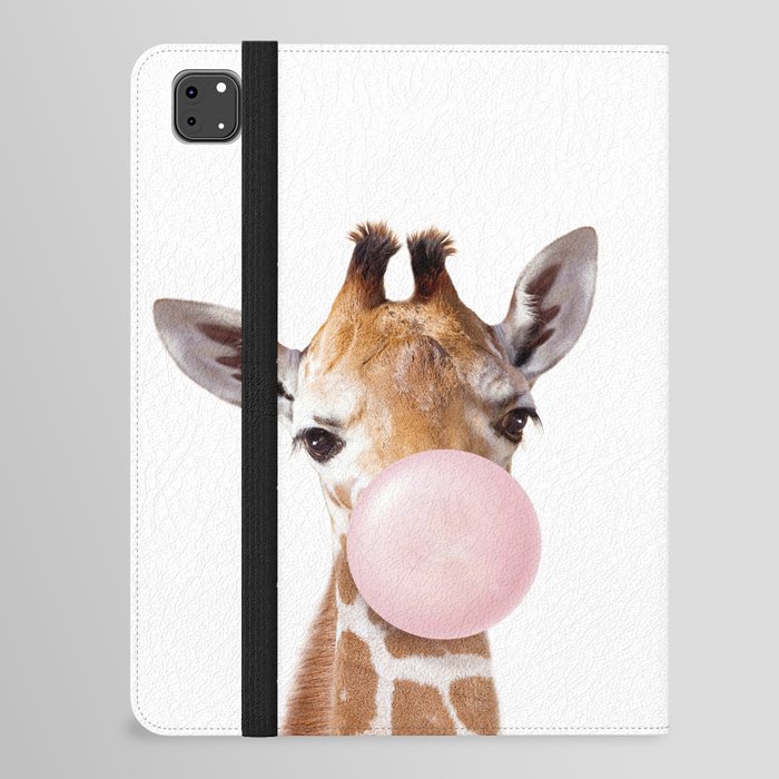 Baby Giraffe Blowing Bubble Gum, Pink Nursery, Baby Animals Art Print by Synplus iPad Folio Case