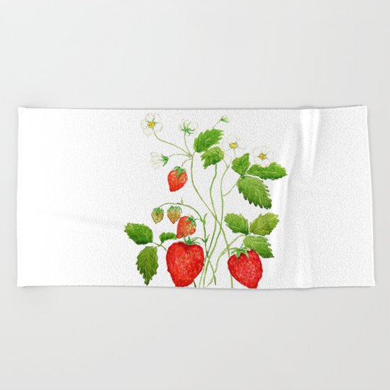 strawberry and strawberry flowers watercolor painting Beach Towel