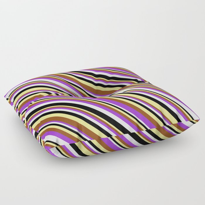 Vibrant Tan, Brown, Dark Orchid, White & Black Colored Lines Pattern Floor Pillow