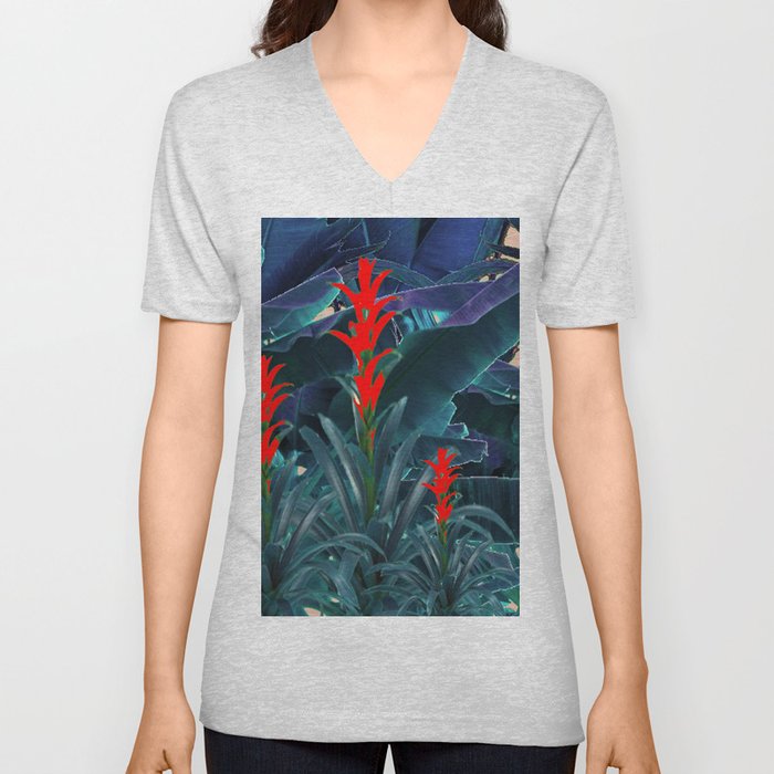 RED BROMELIAD FLOWERS & BLUE  JUNGLE LEAVES V Neck T Shirt