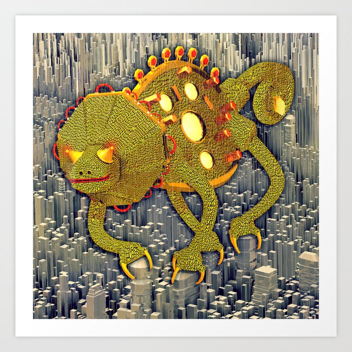 Huge electronic chameleon clings to silver by HARRY3D Art Print