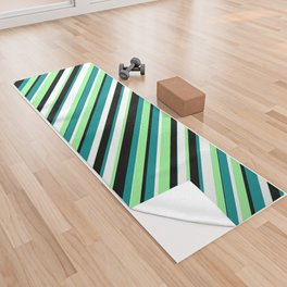 [ Thumbnail: Green, White, Dark Cyan & Black Colored Striped/Lined Pattern Yoga Towel ]