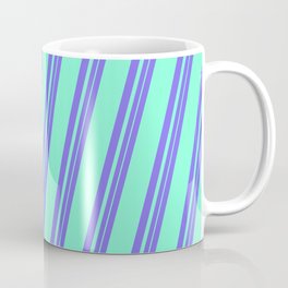 [ Thumbnail: Medium Slate Blue and Aquamarine Colored Lines Pattern Coffee Mug ]