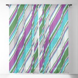 [ Thumbnail: Colorful Grey, Purple, Dark Turquoise, Mint Cream & Dark Green Colored Pattern of Stripes Sheer Curtain ]