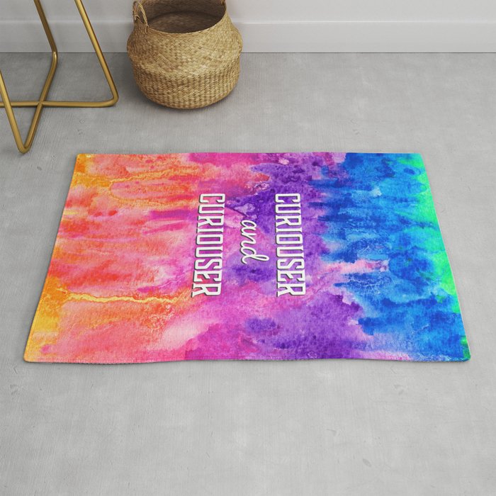 Curiouser and Curiouser Quote over Rainbow Watercolor Rug