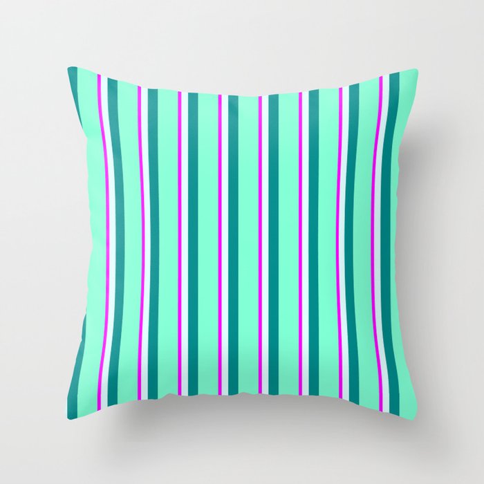 Fuchsia, Light Cyan, Dark Cyan, and Aquamarine Colored Pattern of Stripes Throw Pillow
