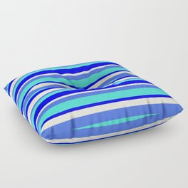 [ Thumbnail: Royal Blue, Turquoise, Blue & Beige Colored Lined Pattern Floor Pillow ]