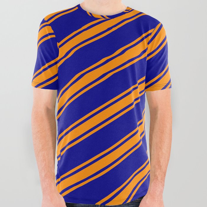 Dark Blue and Dark Orange Colored Lines/Stripes Pattern All Over Graphic Tee