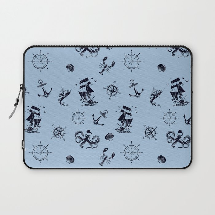 Pale Blue And Blue Silhouettes Of Vintage Nautical Pattern Laptop Sleeve