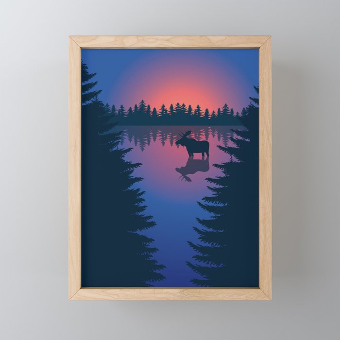 Moose in a Lake, Summer Forest Framed Mini Art Print