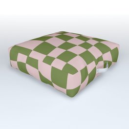 Warped Checkered Pattern (pink/olive green) Outdoor Floor Cushion