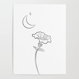Flower Moon and Star Line Art - Moonflower Poster