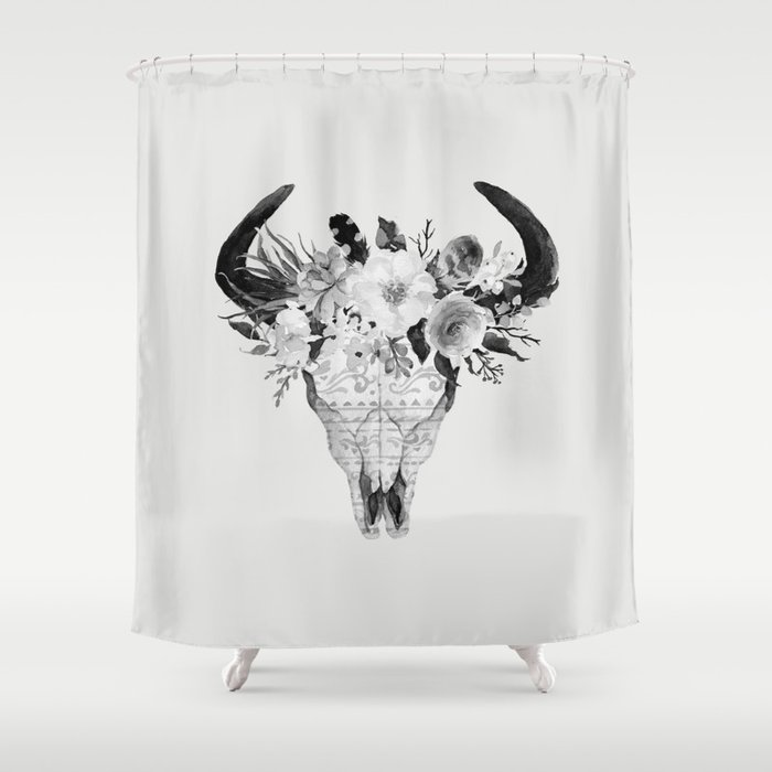Monochrome Fl Bohemian Black And White Watercolor Animal Stag Head Skull Boho Home Wall Decor Shower Curtain By Themotivatedtype