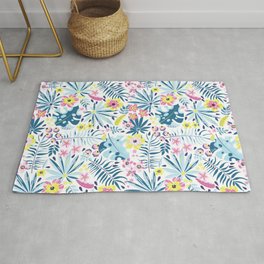 Whimsical Blue Summer Tropical Wildflowers Area & Throw Rug
