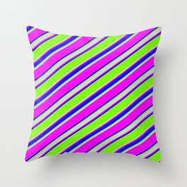 [ Thumbnail: Green, Light Gray, Fuchsia & Blue Colored Stripes/Lines Pattern Throw Pillow ]