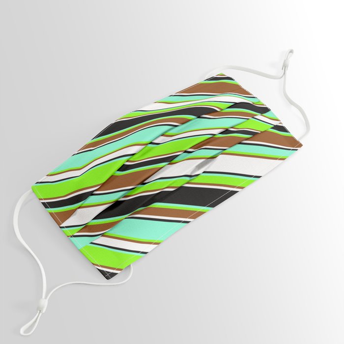 Aquamarine, Chartreuse, Brown, White, and Black Colored Striped/Lined Pattern Face Mask