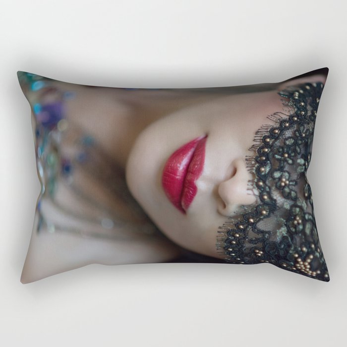 Beautiful Topless Woman in Mardi Gras Mask with Necklace Rectangular Pillow