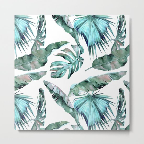 Tropical Palm Leaves Blue Green on White Metal Print