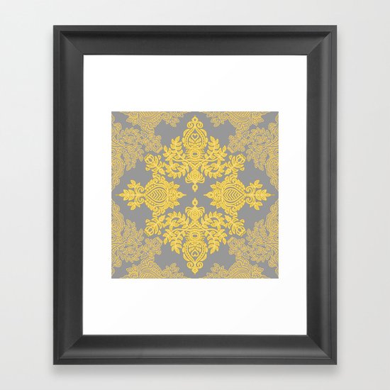 Golden Folk - doodle pattern in yellow & grey Framed Art Print