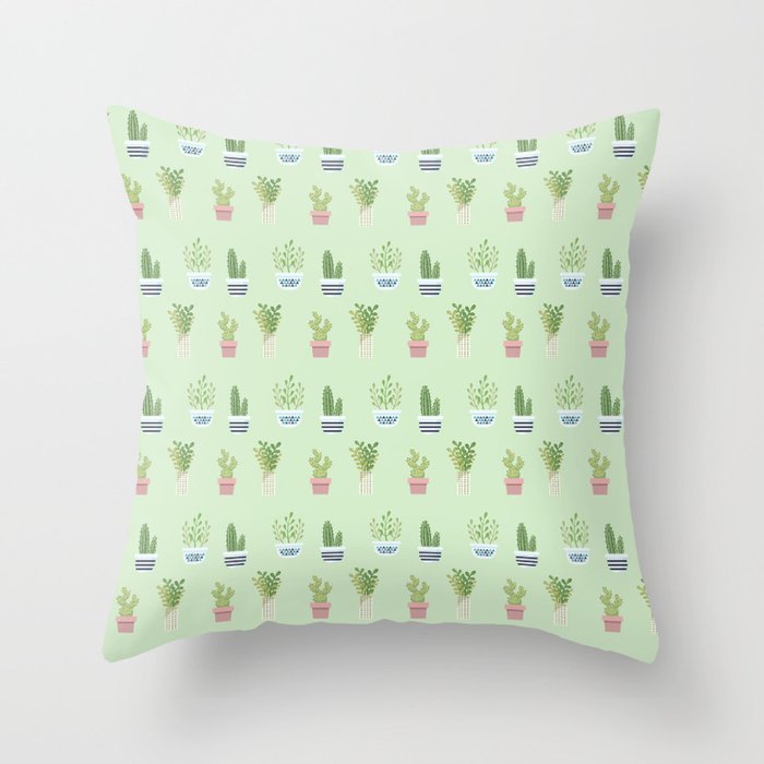 Modern pastel green pink trendy cactus floral pattern Throw Pillow