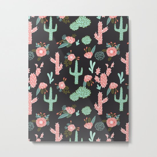 Cactus florals dark charcoal colorful trendy desert southwest house plants cacti succulents pattern Metal Print
