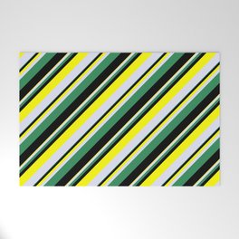 [ Thumbnail: Sea Green, Black, Yellow, and Lavender Colored Stripes Pattern Welcome Mat ]