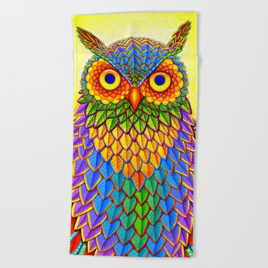 Psychedelic Rainbow Owl Beach Towel