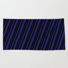[ Thumbnail: Black & Midnight Blue Colored Striped Pattern Beach Towel ]