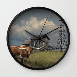 Longhorn Steer in a Prairie pasture by 1880 Town with Windmill and Old Gray Wooden Barn Wall Clock