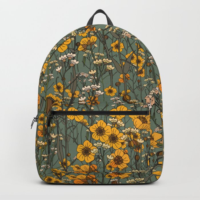 Fields of Yellow Flower Art on Sage Green Backpack