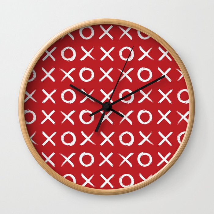 kisses and hugs // white on red Wall Clock
