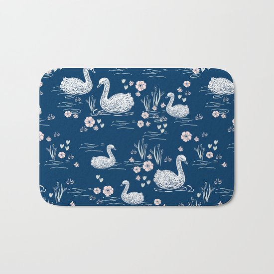 Swans painting cute girly trend cell phone case with swans pattern florals hand painted blue Bath Mat