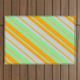 [ Thumbnail: Light Green, Orange & Light Grey Colored Lined/Striped Pattern Outdoor Rug ]