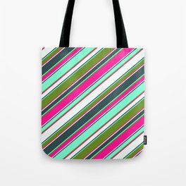 [ Thumbnail: Vibrant Deep Pink, Mint Cream, Dark Slate Gray, Aquamarine, and Green Colored Lines/Stripes Pattern Tote Bag ]