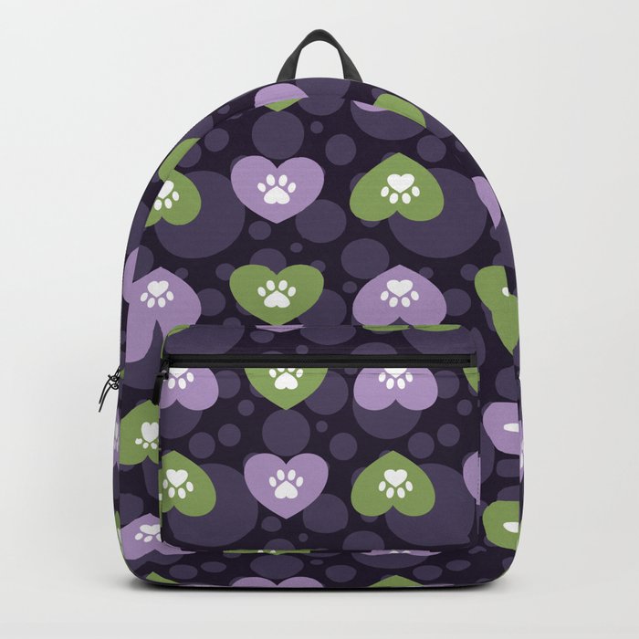 Purple and Green Hearts and Paw Prints Pattern Backpack
