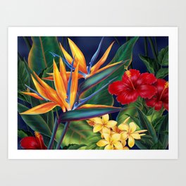 Tropical Paradise Hawaiian Floral Illustration Kunstdrucke | Hibiscus, Flora, Floral, Hawaii, Flowers, Painting, Beach, Scenery, Hawaiian, Plumeria 