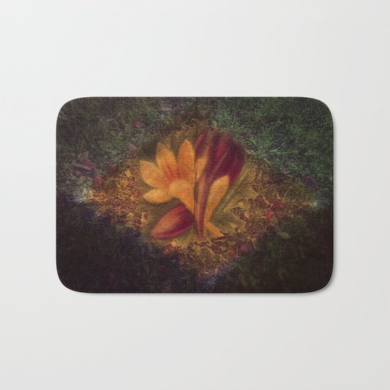 Vintage look orange burgundy crocus and foliage Bath Mat
