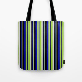 [ Thumbnail: Light Grey, Green, Blue & Black Colored Lined Pattern Tote Bag ]
