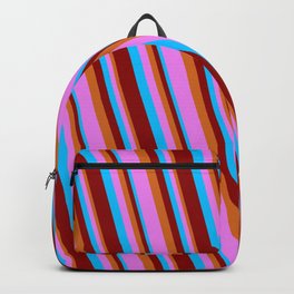 [ Thumbnail: Deep Sky Blue, Dark Red, Chocolate & Violet Colored Lines/Stripes Pattern Backpack ]