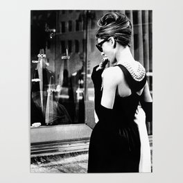 Audrey Hepburn in Black Gown, Jewelry, Vintage Black and White Art Poster