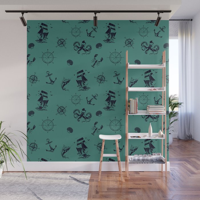 Green Blue And Blue Silhouettes Of Vintage Nautical Pattern Wall Mural