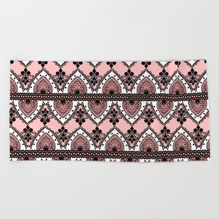 Blush Pink Black and White Ornate Lace Pattern Beach Towel
