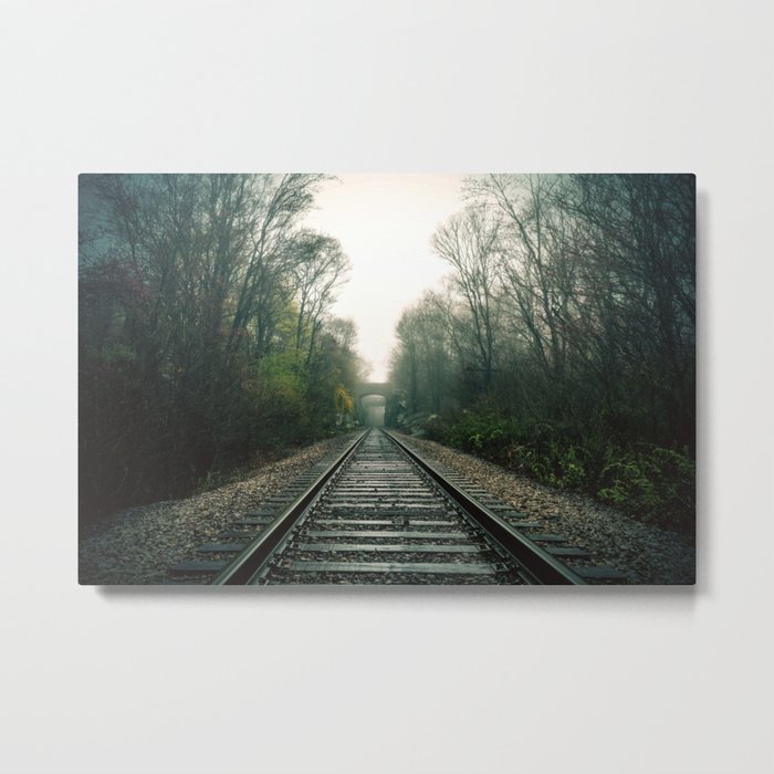 Creepy foggy railroad Metal Print