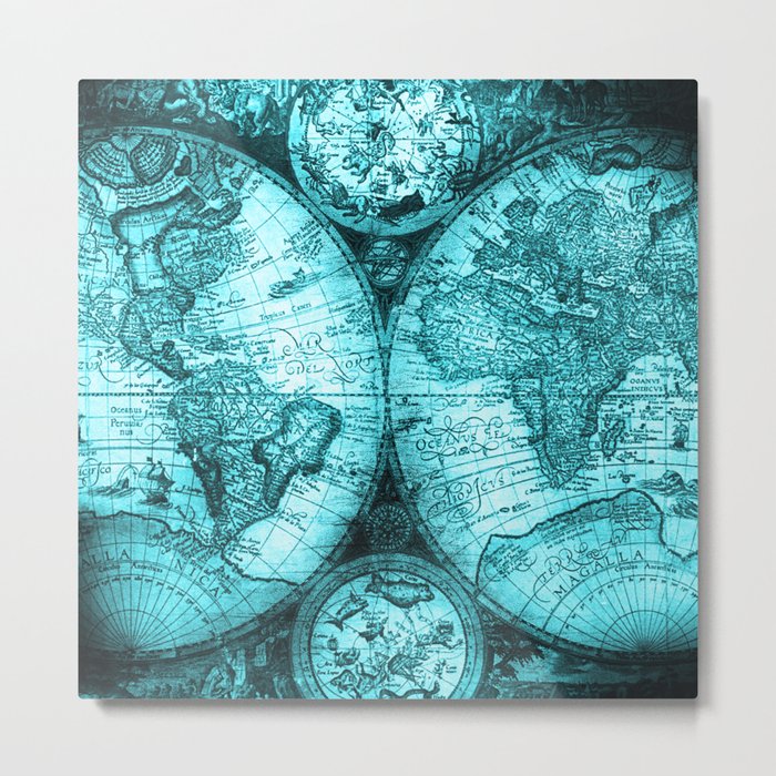 Turquoise Antique World Map Metal Print