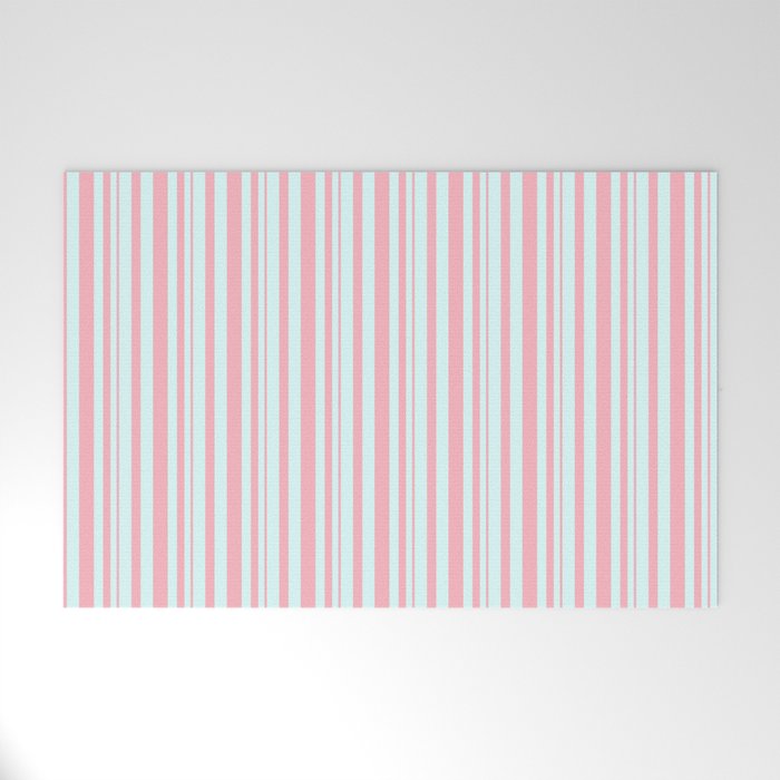 Light Cyan and Light Pink Colored Striped Pattern Welcome Mat