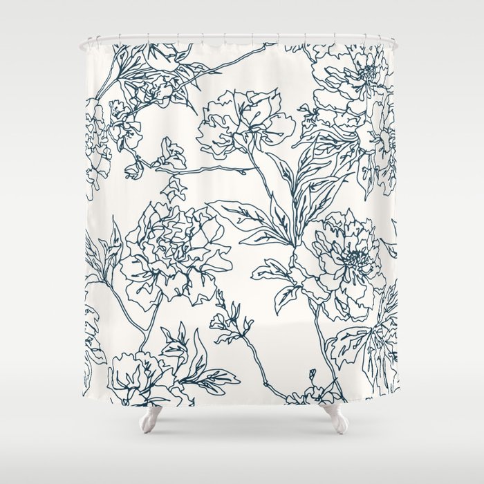 Navy and Cream Vintage Chinoiserie Botanical Floral Toile Wallpaper Pattern Shower Curtain