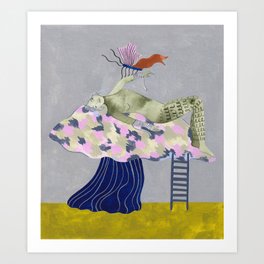 Mushroom, Ladder, Woman and Butterfly Art Print