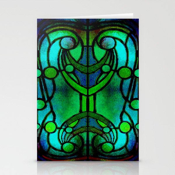Green and Aqua Art Nouveau Stained Glass Art Stationery Cards